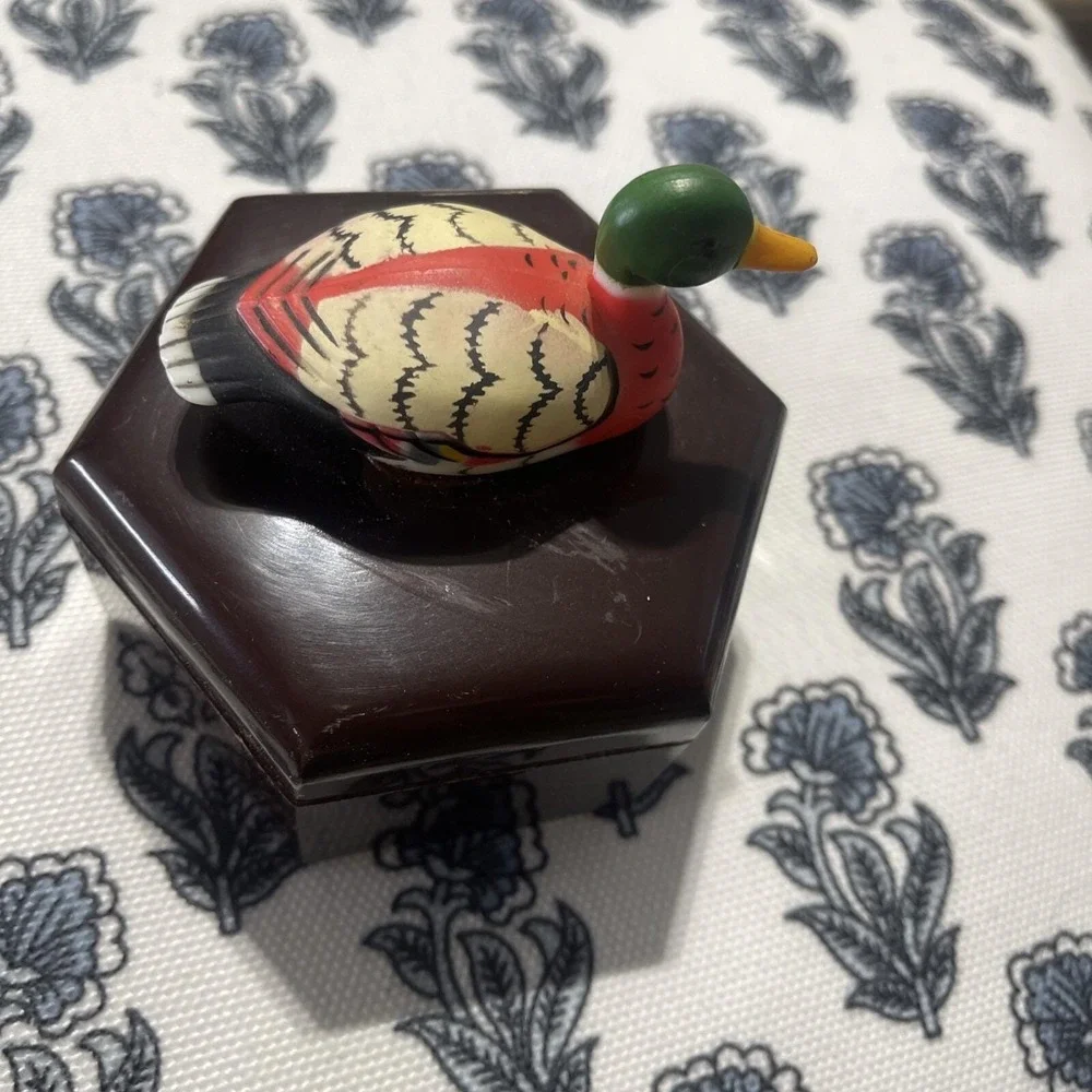 Vintage Duck Topper  Plastic‎ Hexagon Shaped Trinket Box  Rustic Trinket Storage